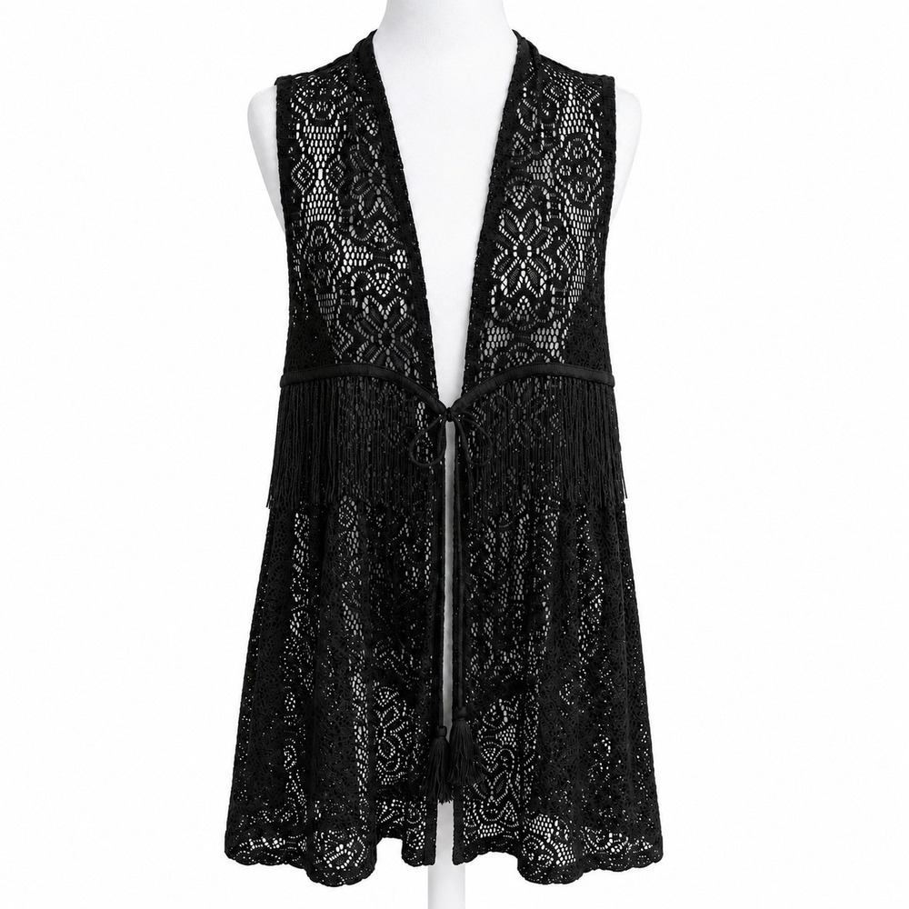 Black Lace Fringe Long Vest Boho Festival Duster Whimsygoth Oversized Med. Plus - Picture 2 of 13